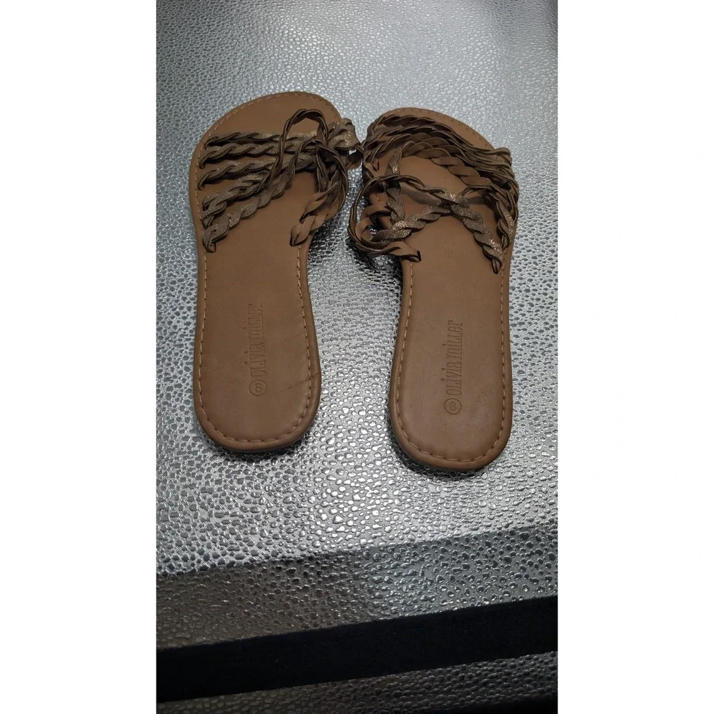 Olivia Miller Women Braided Metallic Strappy Slide Sandals Tan Brown Gold Size 8